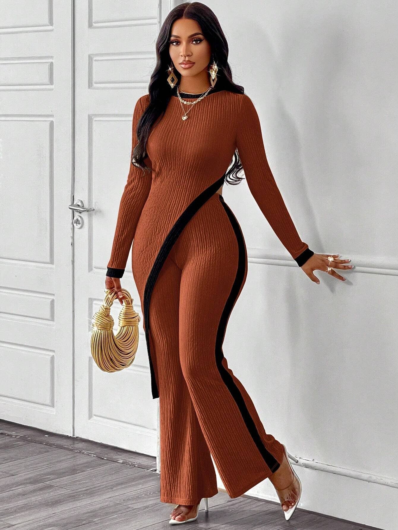 FASHION COLOR CONTRAST SHIRT PATCHWORK PANTS SUIT: BROWN / (XL) 1