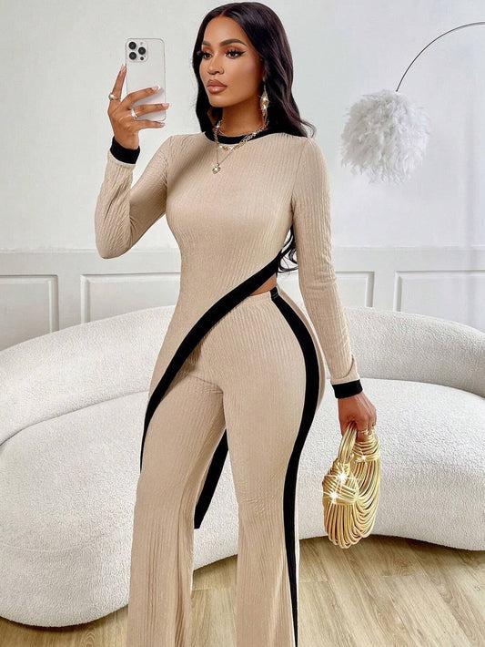 FASHION COLOR CONTRAST SHIRT PATCHWORK PANTS SUIT: APRICOT / (XL) 1