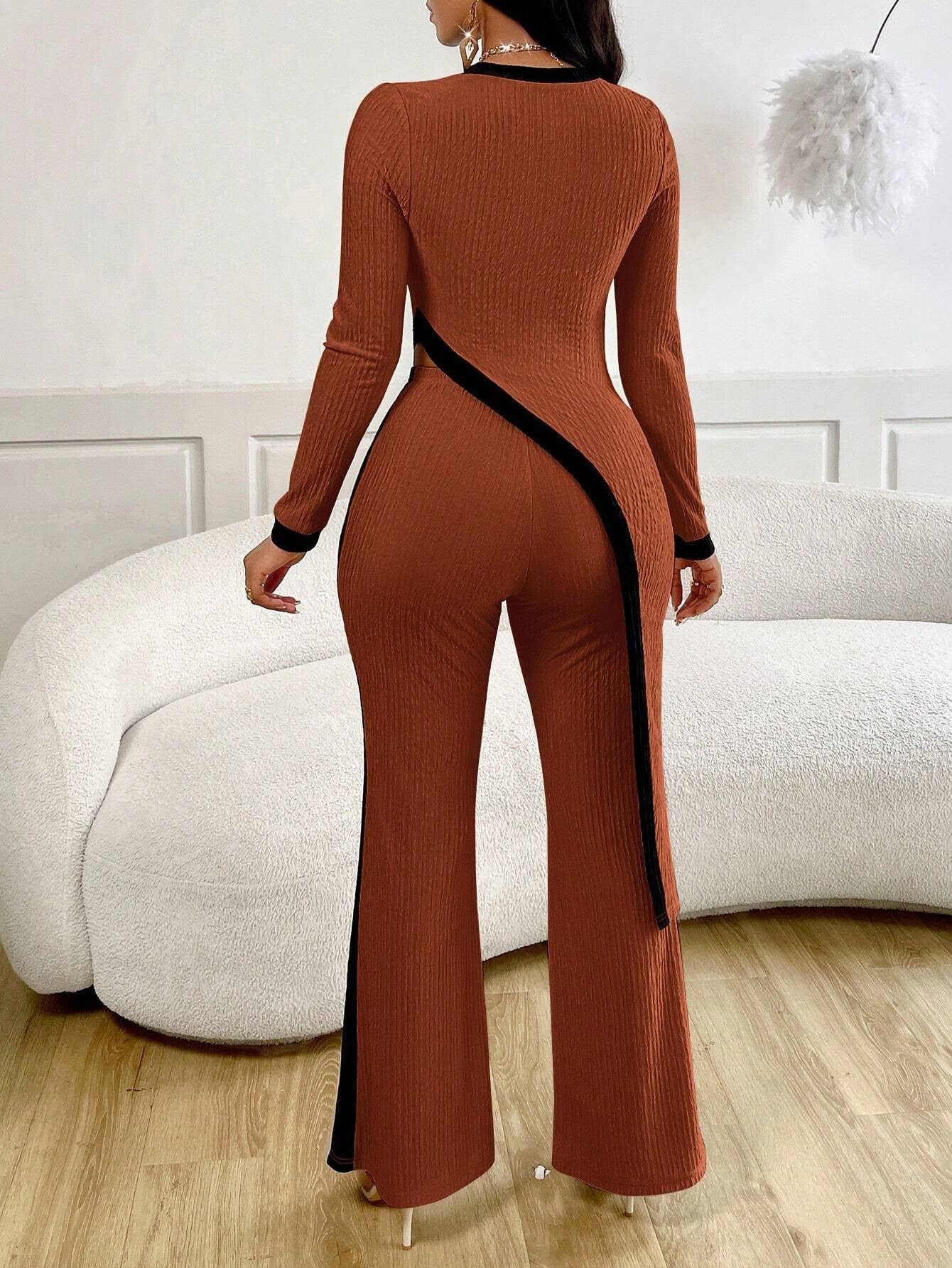 FASHION COLOR CONTRAST SHIRT PATCHWORK PANTS SUIT: APRICOT / (XL) 1