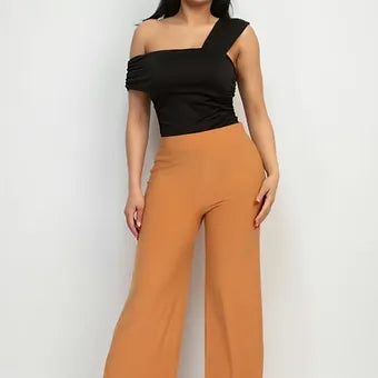 High-rise elastic slit  wide pants