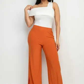 High-rise elastic slit  wide pants