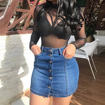 Women's denim skirt with button front shorts with side pocket