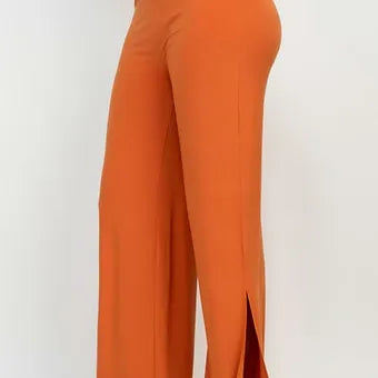 High-rise elastic slit  wide pants