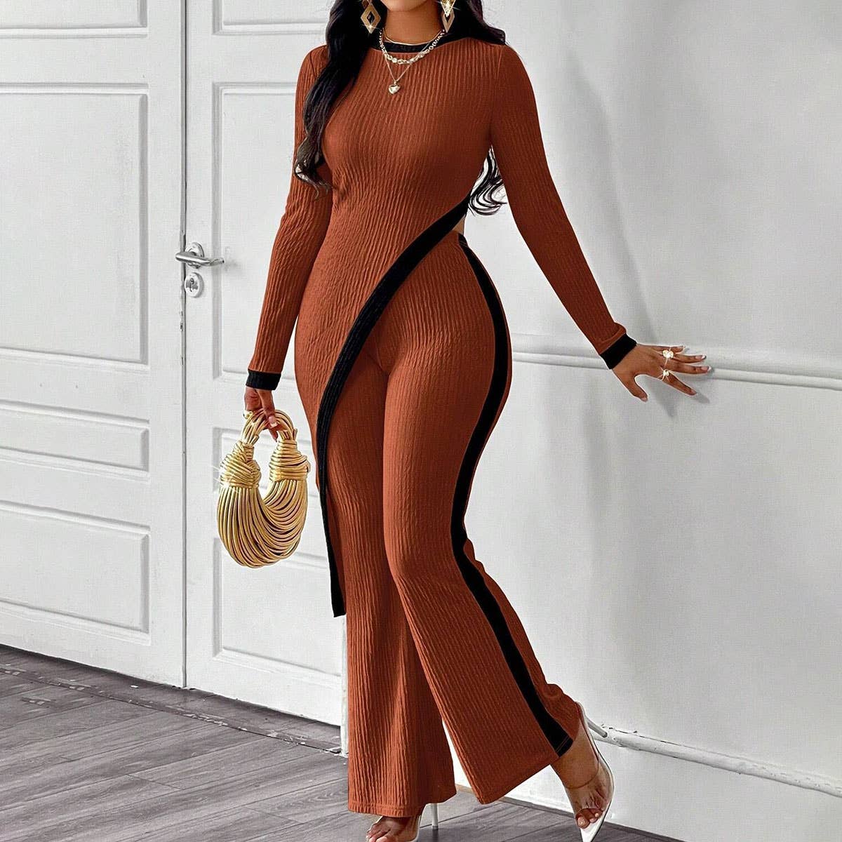 FASHION COLOR CONTRAST SHIRT PATCHWORK PANTS SUIT: APRICOT / (L) 1