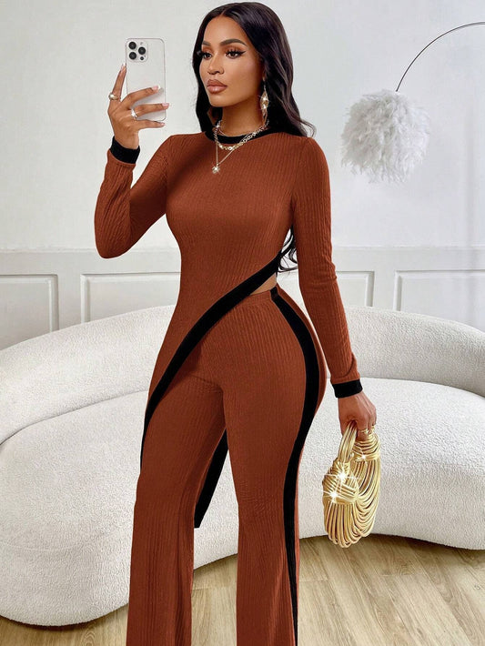 FASHION COLOR CONTRAST SHIRT PATCHWORK PANTS SUIT: BROWN / (L) 1