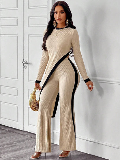 FASHION COLOR CONTRAST SHIRT PATCHWORK PANTS SUIT: APRICOT / (S) 1