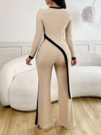 FASHION COLOR CONTRAST SHIRT PATCHWORK PANTS SUIT: BROWN / (M) 1