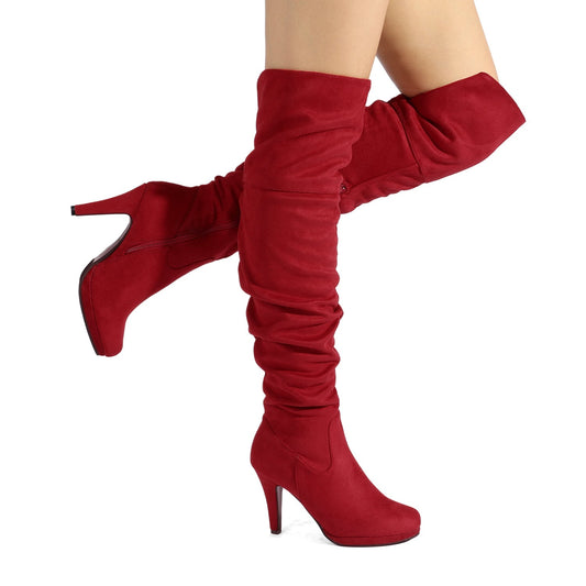 Over the knee chunky heel boots red