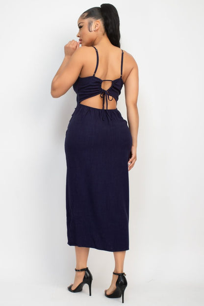 Shirred bust wrap tie back dress black