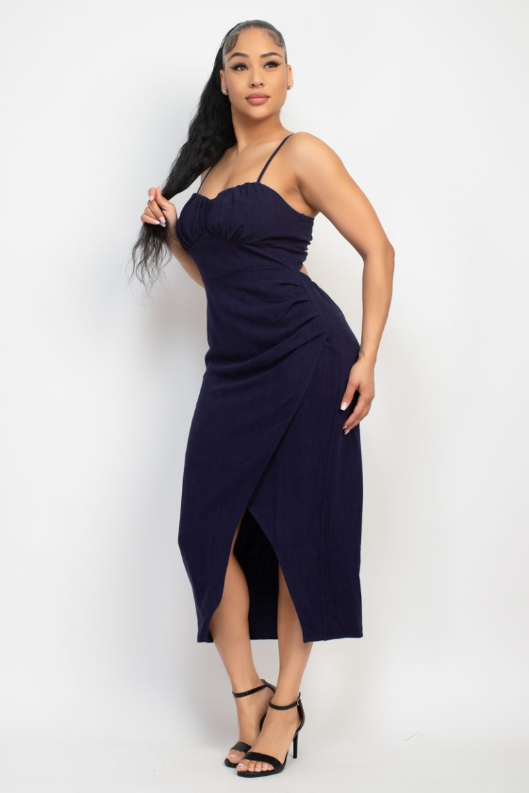 Shirred bust wrap tie back dress black