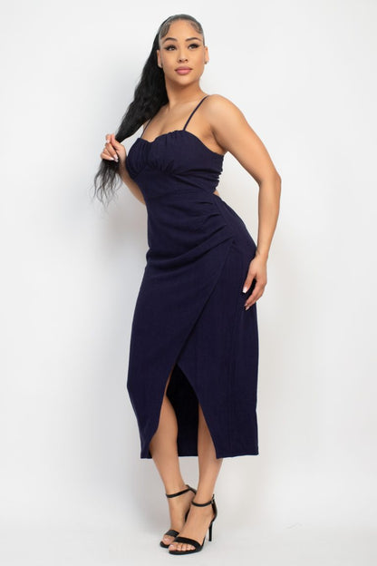 Shirred bust wrap tie back dress black