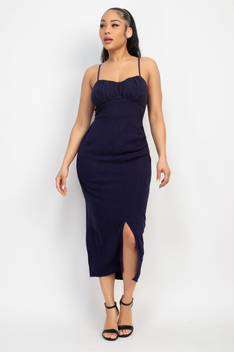 Shirred bust wrap tie back dress black