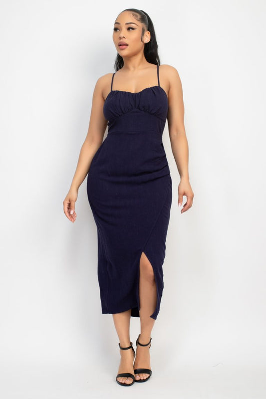 Shirred bust wrap tie back dress black