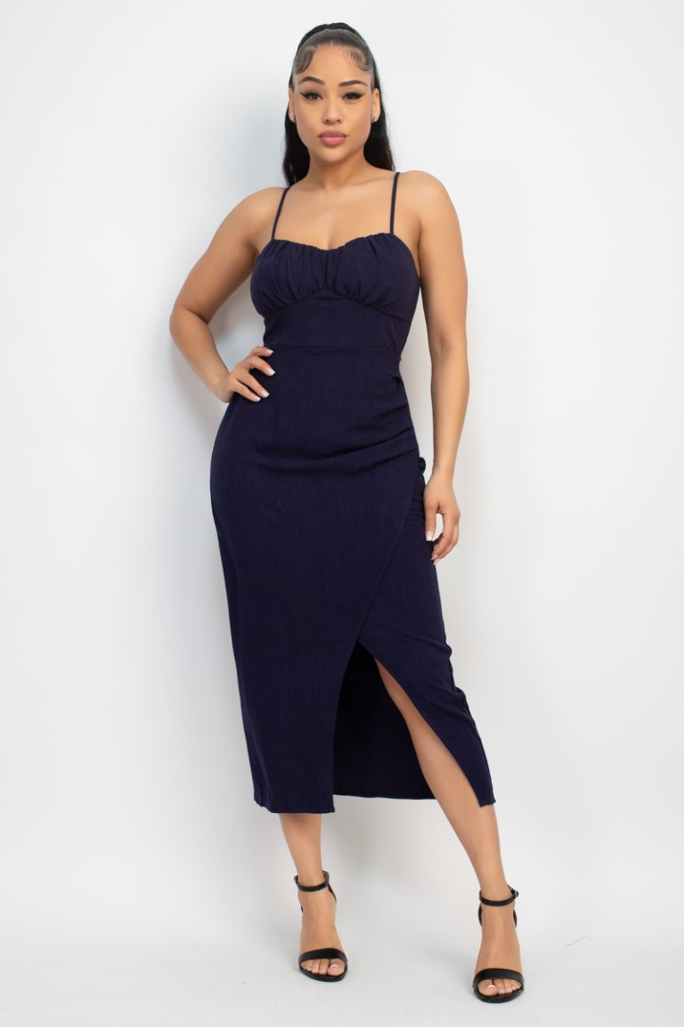 Shirred bust wrap tie back dress black